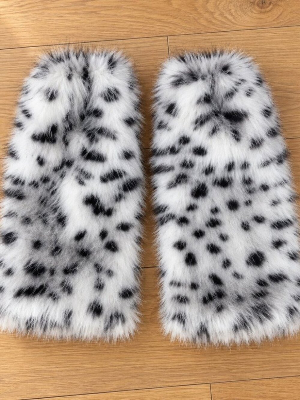 Snow leopard faux fur leg warmers - fluffy spotted boot cuffs y2k
